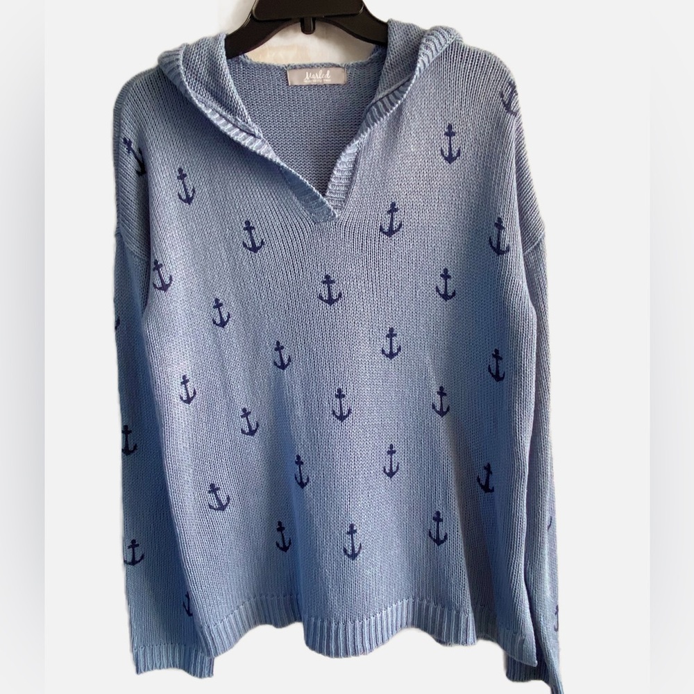 Marled Nautical Anchor Hooded Pullover Sweater size M/L
